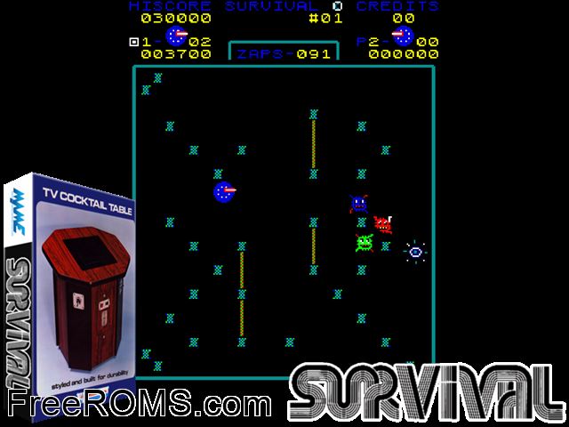 Survival MAME game showing 3D box cover and gameplay screenshot