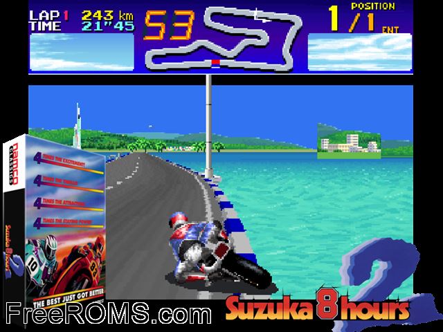 Suzuka 8 Hours 2 (World) MAME game showing 3D box cover and gameplay screenshot