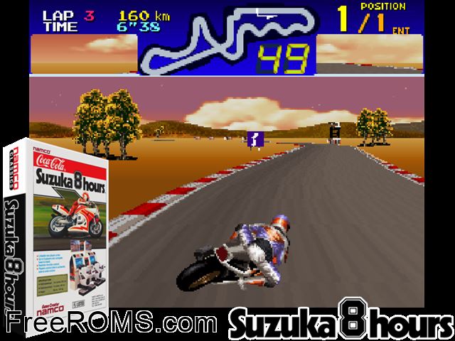 Suzuka 8 Hours (World) MAME game showing 3D box cover and gameplay screenshot