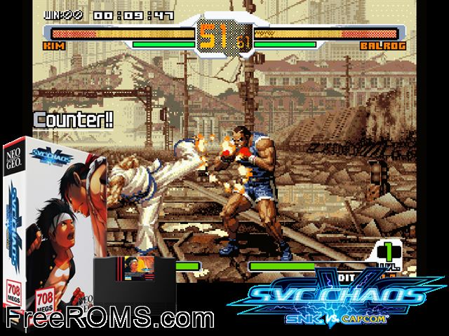 SvC Chaos - SNK vs Capcom (MVS) (bootleg) MAME game showing 3D box cover and gameplay screenshot