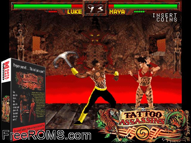 Tattoo Assassins (US Prototype) MAME game showing 3D box cover and gameplay screenshot