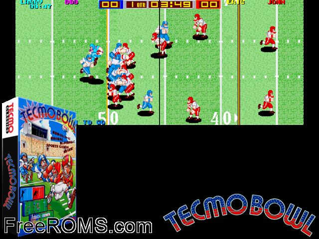 Tecmo Bowl (World?) MAME game showing 3D box cover and gameplay screenshot