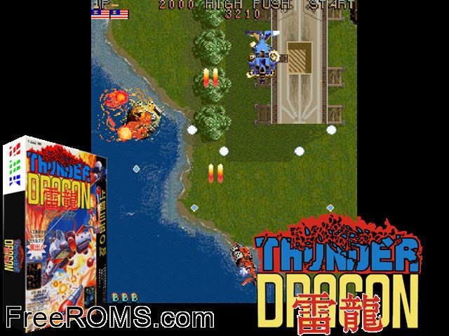 Thunder Dragon MAME game showing 3D box cover and gameplay screenshot