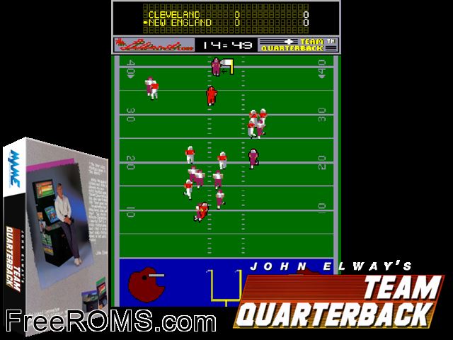 John Elway's Team Quarterback MAME game showing 3D box cover and gameplay screenshot