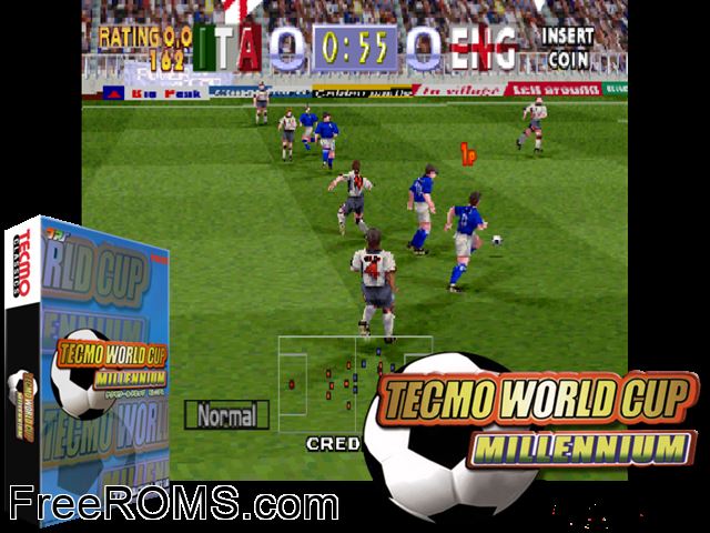 Tecmo World Cup Millennium (JAPAN) MAME game showing 3D box cover and gameplay screenshot