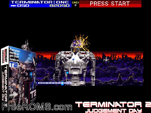 Terminator 2 - Judgment Day (rev LA2 12/09/91) MAME game showing 3D box cover and gameplay screenshot