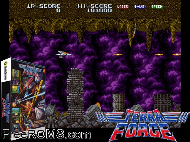 Terra Force (US) MAME game showing 3D box cover and gameplay screenshot
