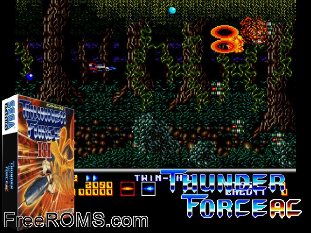ThunderForce AC (Japan) MAME game showing 3D box cover and gameplay screenshot