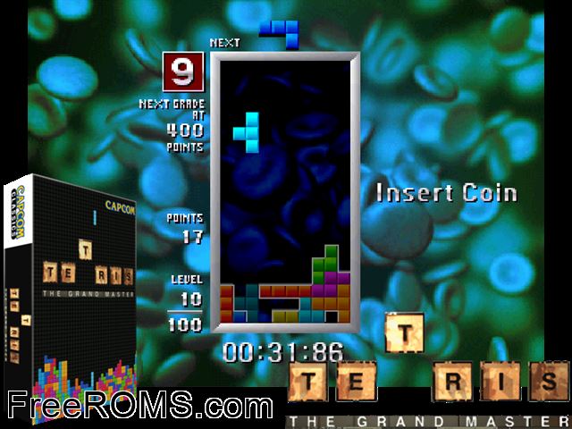 Tetris The Grand Master (JAPAN 980710) MAME game showing 3D box cover and gameplay screenshot