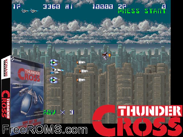 Thunder Cross (Japan) MAME game showing 3D box cover and gameplay screenshot