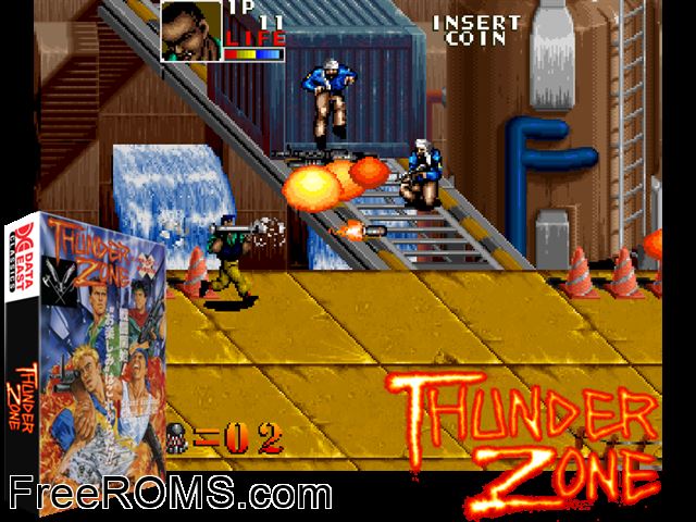 Thunder Zone (World) MAME game showing 3D box cover and gameplay screenshot