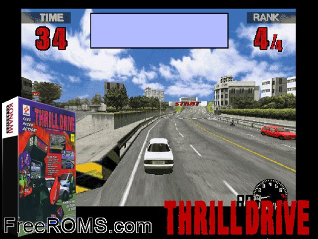 Thrill Drive MAME game showing 3D box cover and gameplay screenshot