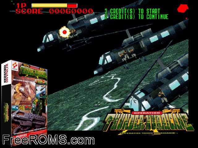 Thunder Hurricane (ver UAA) MAME game showing 3D box cover and gameplay screenshot