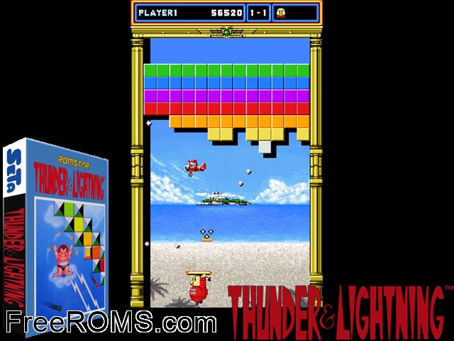 Thunder and Lightning MAME game showing 3D box cover and gameplay screenshot