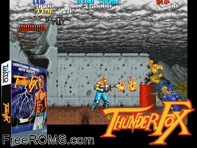 Thunder Fox (World) MAME game showing 3D box cover and gameplay screenshot