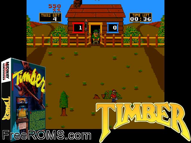 Timber MAME game showing 3D box cover and gameplay screenshot