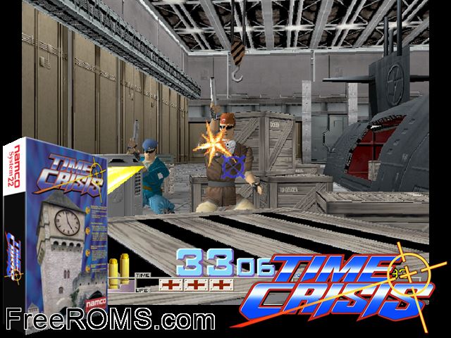 Time Crisis (Rev. TS2 Ver.B) MAME game showing 3D box cover and gameplay screenshot