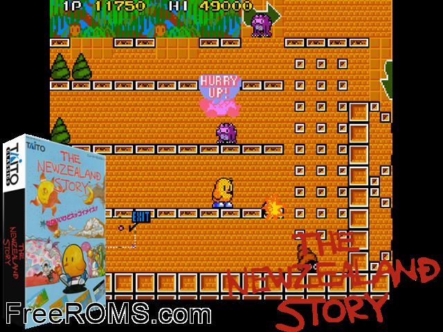 The NewZealand Story (World, newer) MAME game showing 3D box cover and gameplay screenshot