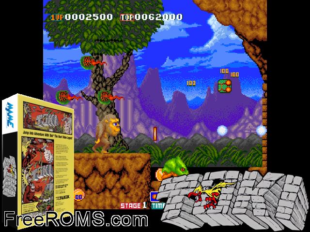 Toki (World set 1) MAME game showing 3D box cover and gameplay screenshot