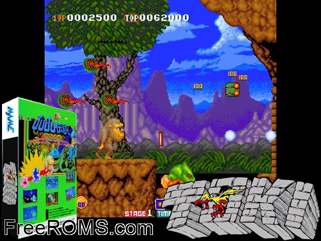 Toki (US) MAME game showing 3D box cover and gameplay screenshot