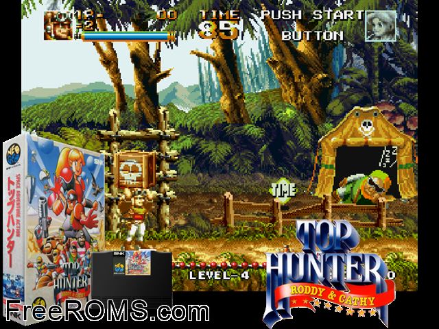 Top Hunter - Roddy and Cathy (set 1) MAME game showing 3D box cover and gameplay screenshot