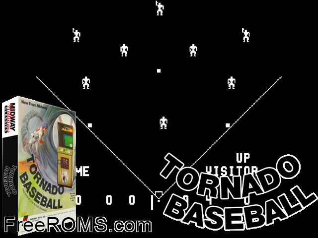 Tornado Baseball MAME game showing 3D box cover and gameplay screenshot