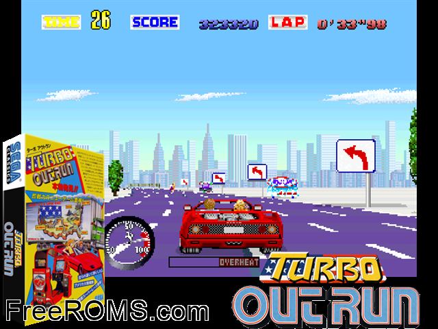 Turbo Out Run (set 2, upright, FD1094 317-unknown) MAME game showing 3D box cover and gameplay screenshot