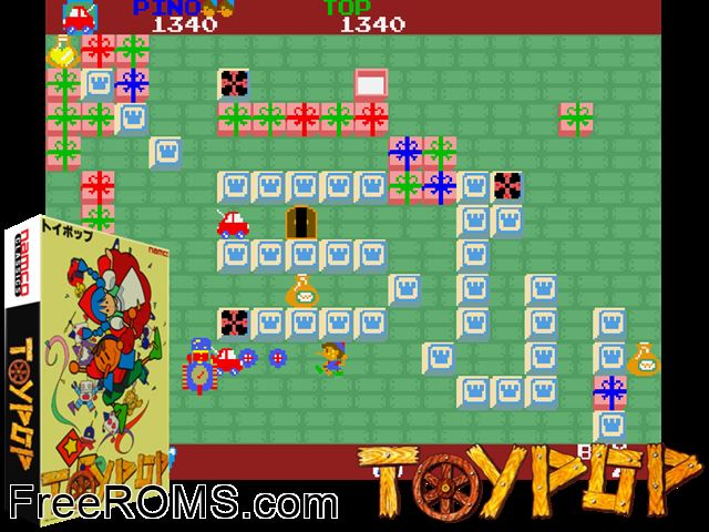 Toypop MAME game showing 3D box cover and gameplay screenshot