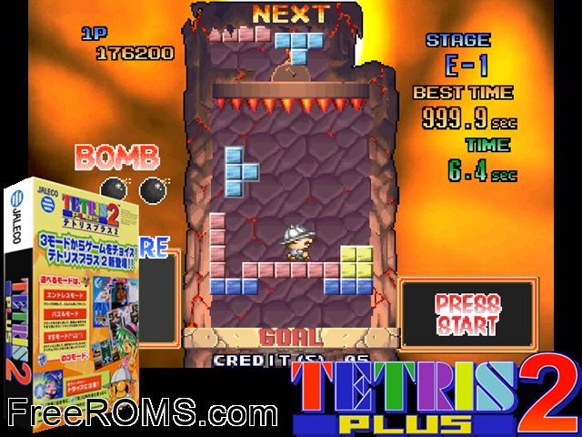 Tetris Plus 2 (MegaSystem 32 Version) MAME game showing 3D box cover and gameplay screenshot