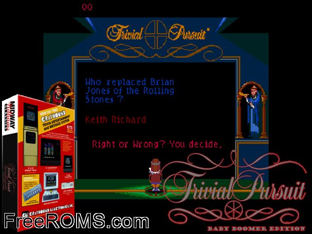 Trivial Pursuit (Baby Boomer Edition) MAME game showing 3D box cover and gameplay screenshot