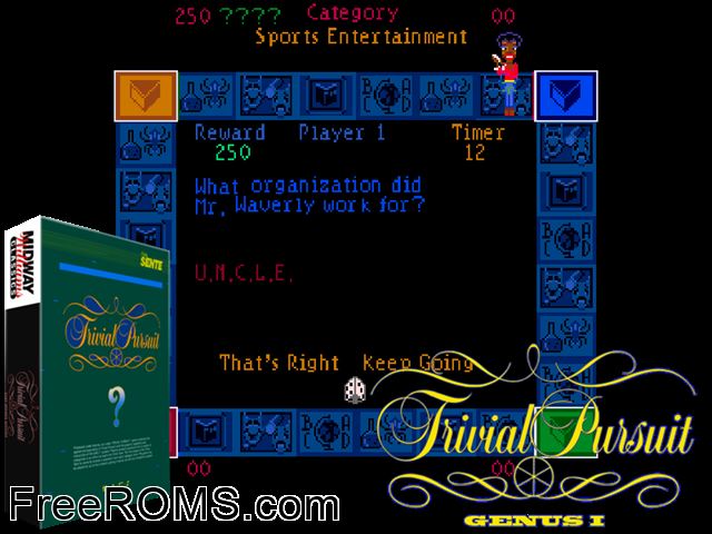 Trivial Pursuit (Genus I) MAME game showing 3D box cover and gameplay screenshot