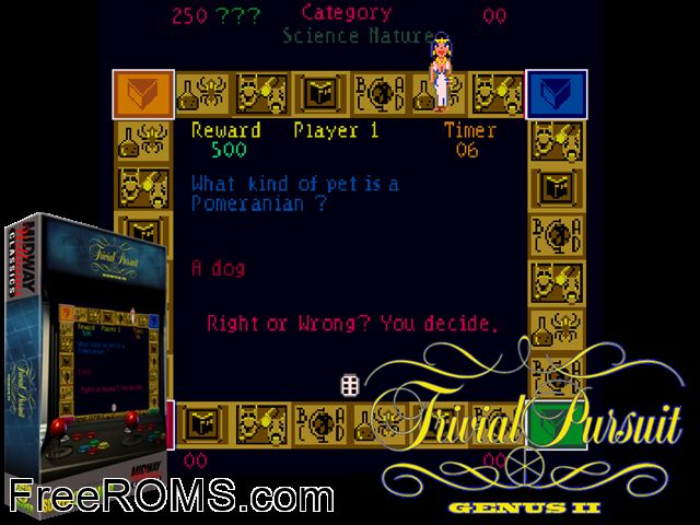 Trivial Pursuit (Genus II) MAME game showing 3D box cover and gameplay screenshot