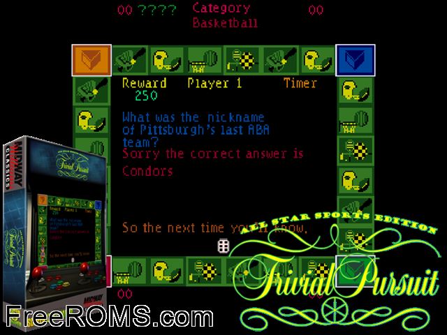 Trivial Pursuit (All Star Sports Edition) MAME game showing 3D box cover and gameplay screenshot