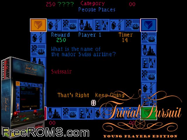 Trivial Pursuit (Young Players Edition) MAME game showing 3D box cover and gameplay screenshot