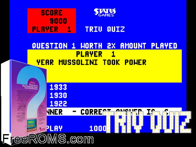 Triv Quiz MAME game showing 3D box cover and gameplay screenshot
