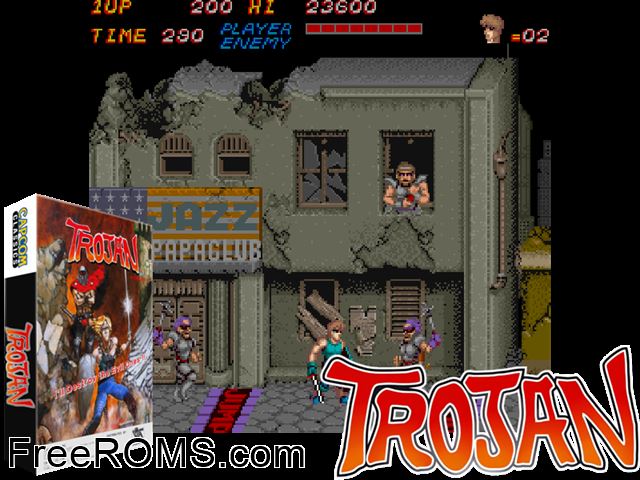 Trojan (Romstar) MAME game showing 3D box cover and gameplay screenshot