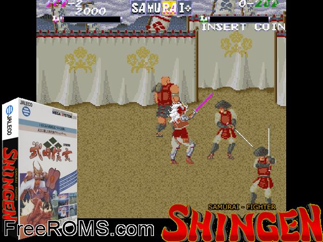 Shingen Samurai-Fighter (Japan, English) MAME game showing 3D box cover and gameplay screenshot