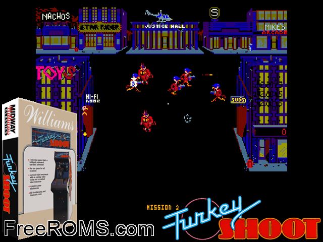 Turkey Shoot MAME game showing 3D box cover and gameplay screenshot