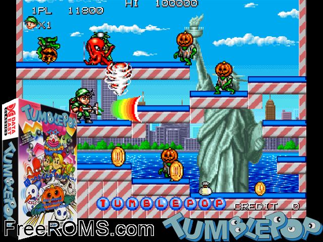 Tumble Pop (Japan) MAME game showing 3D box cover and gameplay screenshot