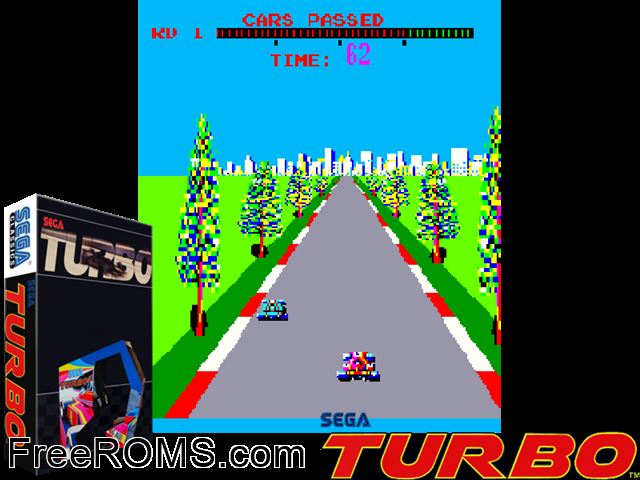 Turbo (encrypted set 2) MAME game showing 3D box cover and gameplay screenshot