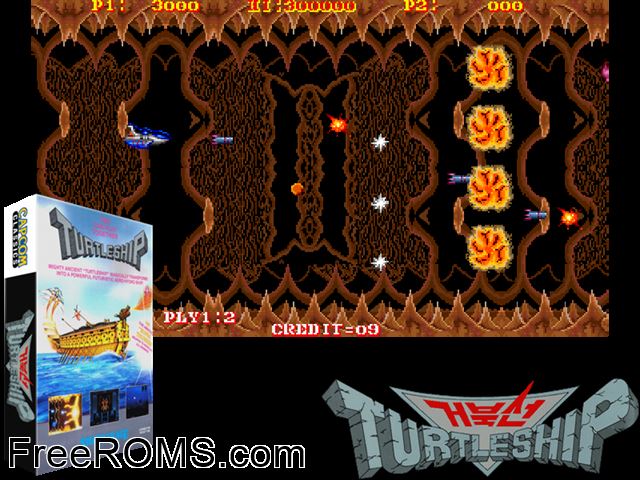 Turtle Ship (Japan) MAME game showing 3D box cover and gameplay screenshot