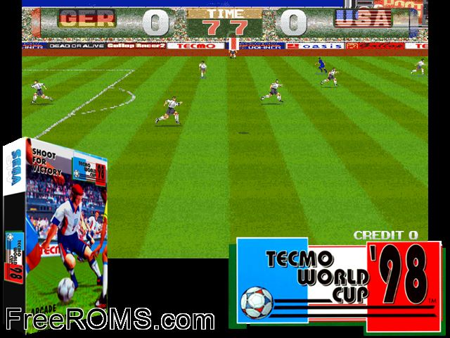 Tecmo World Cup '98 (JUET 980410 V1.000) MAME game showing 3D box cover and gameplay screenshot