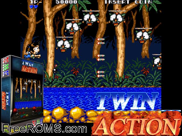 Twin Action MAME game showing 3D box cover and gameplay screenshot
