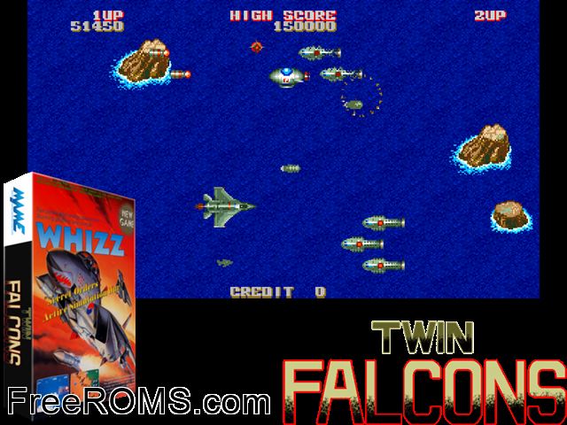 Twin Falcons MAME game showing 3D box cover and gameplay screenshot