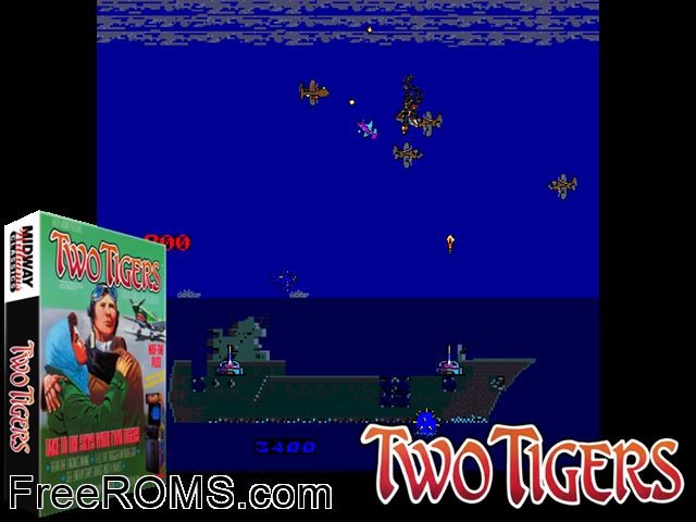 Two Tigers (dedicated) MAME game showing 3D box cover and gameplay screenshot