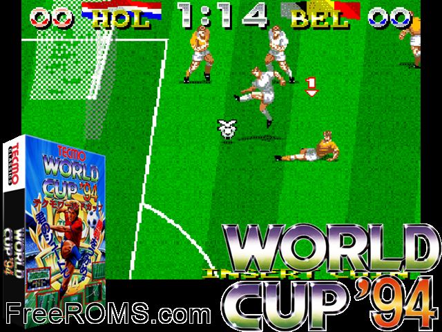 Tecmo World Cup '94 MAME game showing 3D box cover and gameplay screenshot