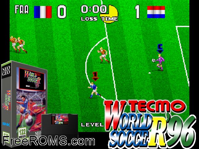 Tecmo World Soccer '96 MAME game showing 3D box cover and gameplay screenshot