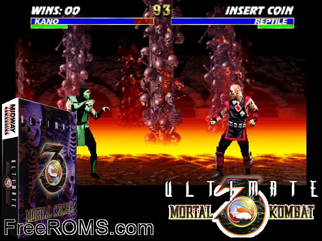 Ultimate Mortal Kombat 3 (rev 1.0) MAME game showing 3D box cover and gameplay screenshot