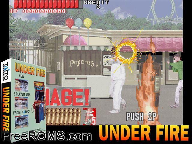 Under Fire (World) MAME game showing 3D box cover and gameplay screenshot