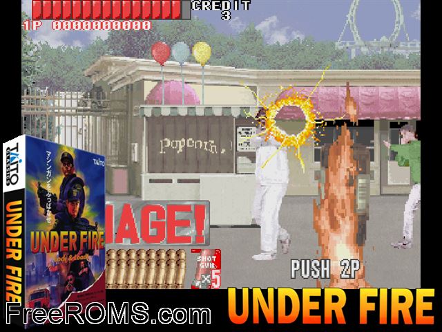 Under Fire (US) MAME game showing 3D box cover and gameplay screenshot